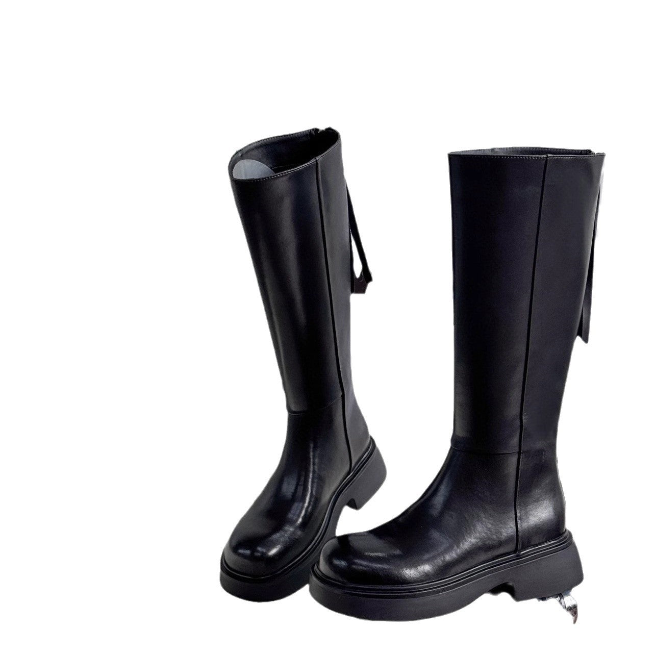 Round Toe Zip Platform Riding Thick Black Boots