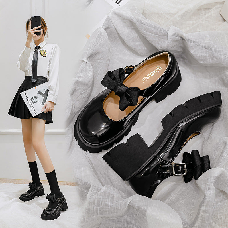 Women's Platform Small Round Head Mary Jane Leather Shoes