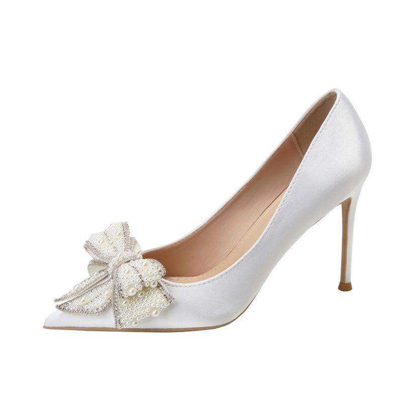 Women's Stiletto Pointed Toe Satin Pearl Bow Bridesmaid Bridal Women's Shoes