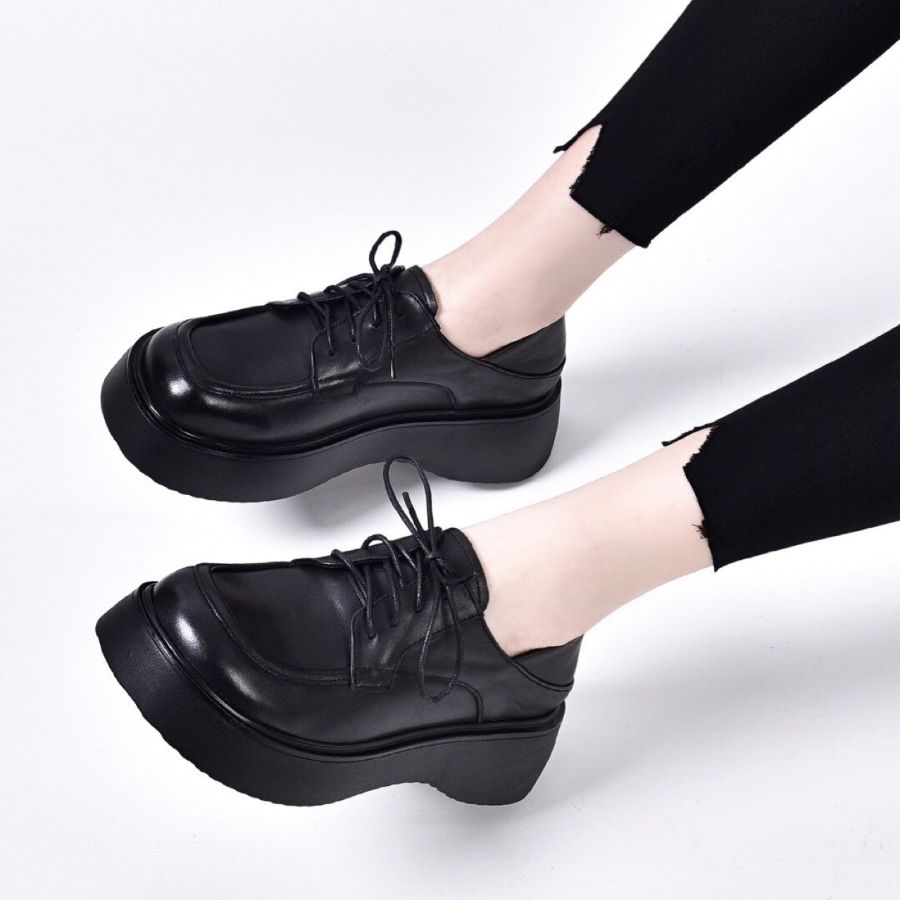 Women's Round Toe Big Head Black Genuine Casual Shoes