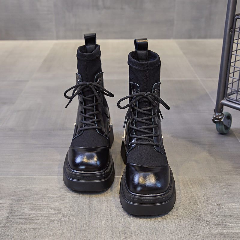 Women's Style Round Toe Vintage Black Chunky Boots