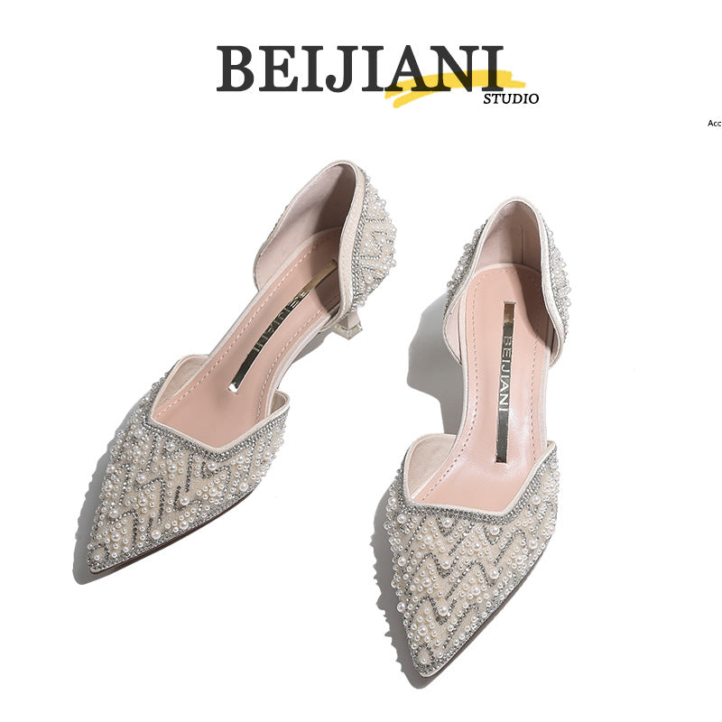 French Style Bright Crystal Pearl Wedding Bridesmaid High Pointed Toe Women's Fashion Shoes