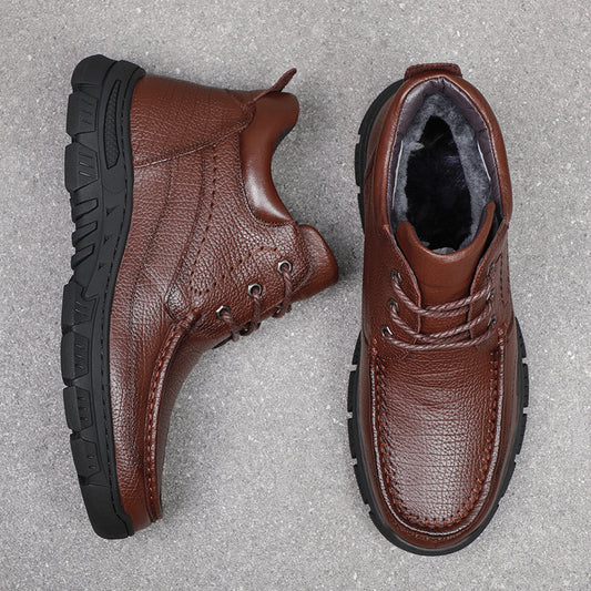 Men's Layer Cowhide Winter Fur Integrated Warm Cotton Men's Shoes