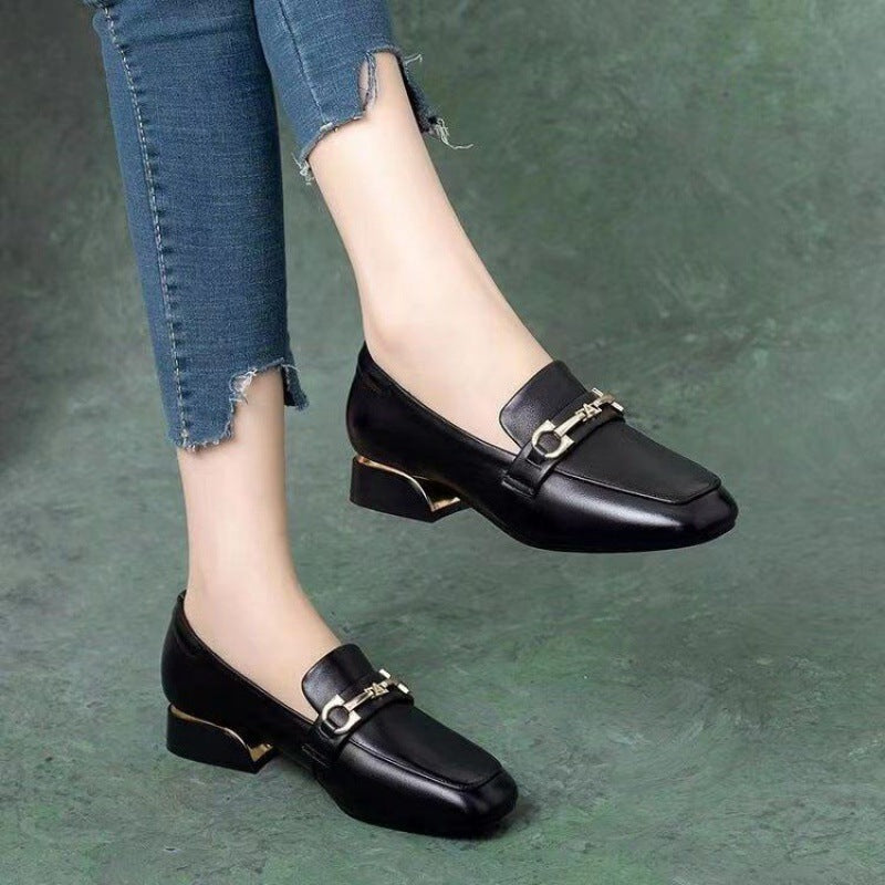 Women's Pumps Chunky Square Toe Mid British Style Loafers
