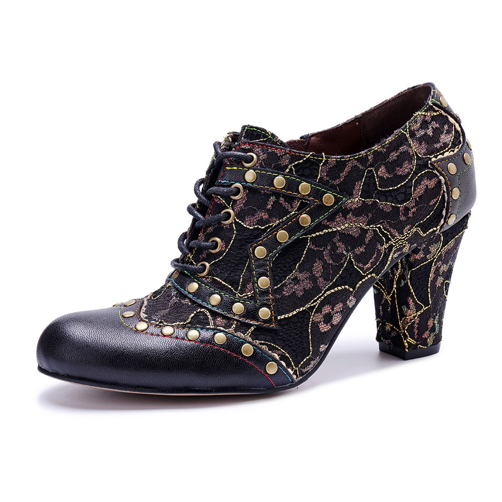 Women's Handmade Genuine Brushed Stitching Rivet Retro Heels