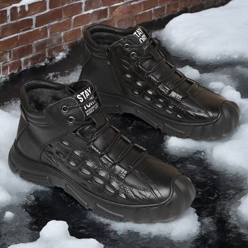 Men's Cotton Cowhide Platform Wool Warm Lace Men's Shoes
