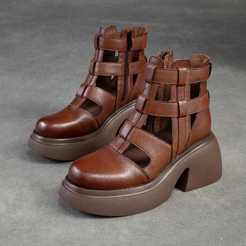 Women's Hole Hollow Side Zipper Top Layer Cowhide Round Heels