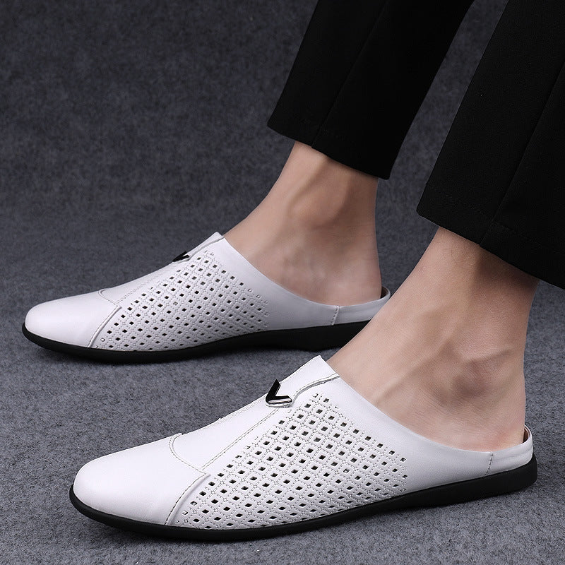 Men's Cattlehide Fashion Leisure Slip On Pumps Hollow Flat Sandals
