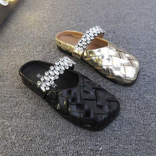 Rhinestone Relief Sole Outer Wear Woven Slippers