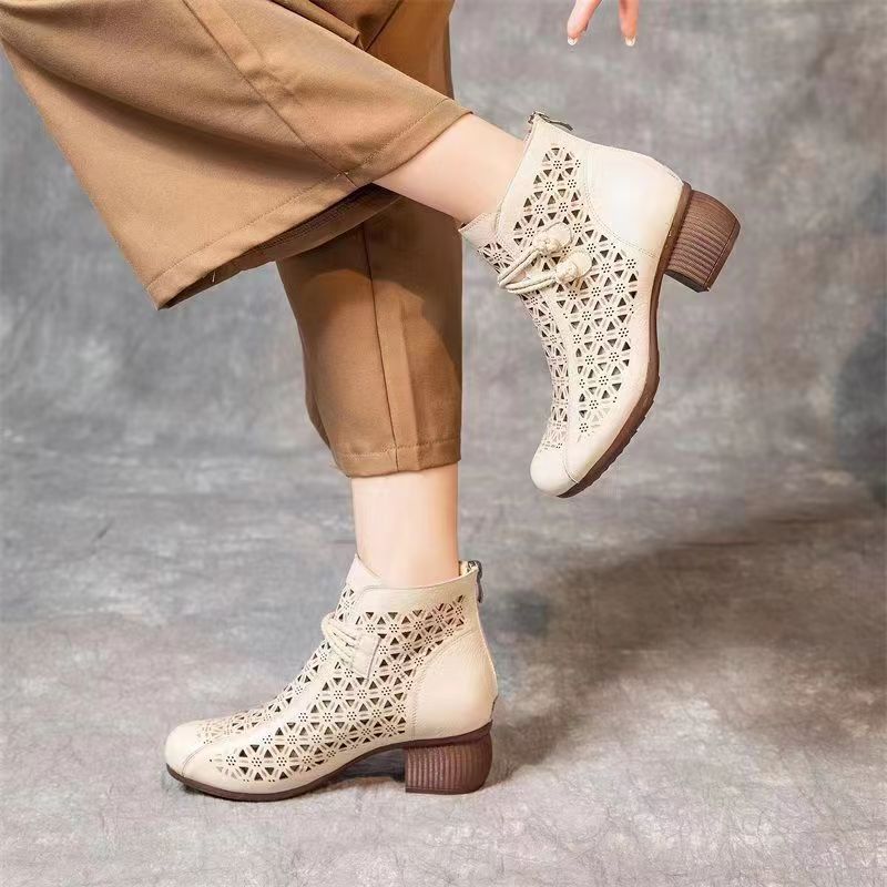 Women's Handmade Retro Hollowed Medium Chunky Mom Women's Shoes