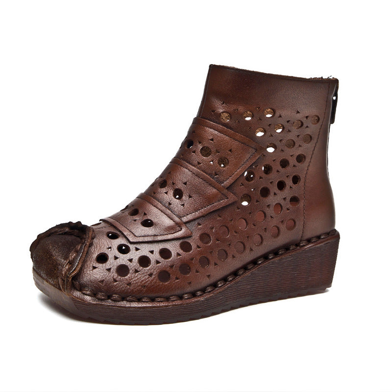Women's Hole Wedge First Layer Cowhide Retro Sandals