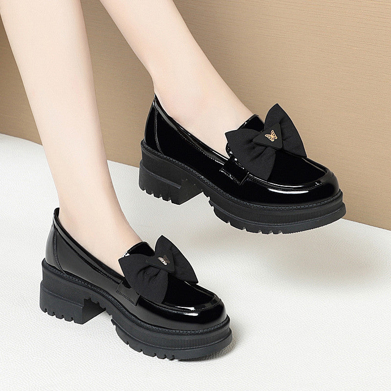 Women's Patent Bow Pumps Chunky Platform British Loafers