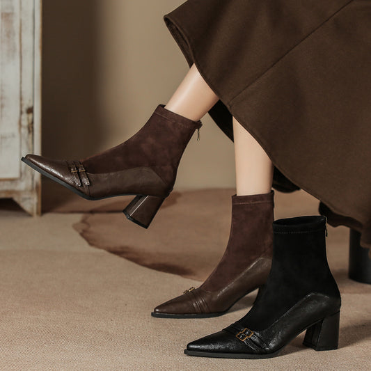 Women's Ankle Chunky Pointed Stitching Middle Chelsea Boots