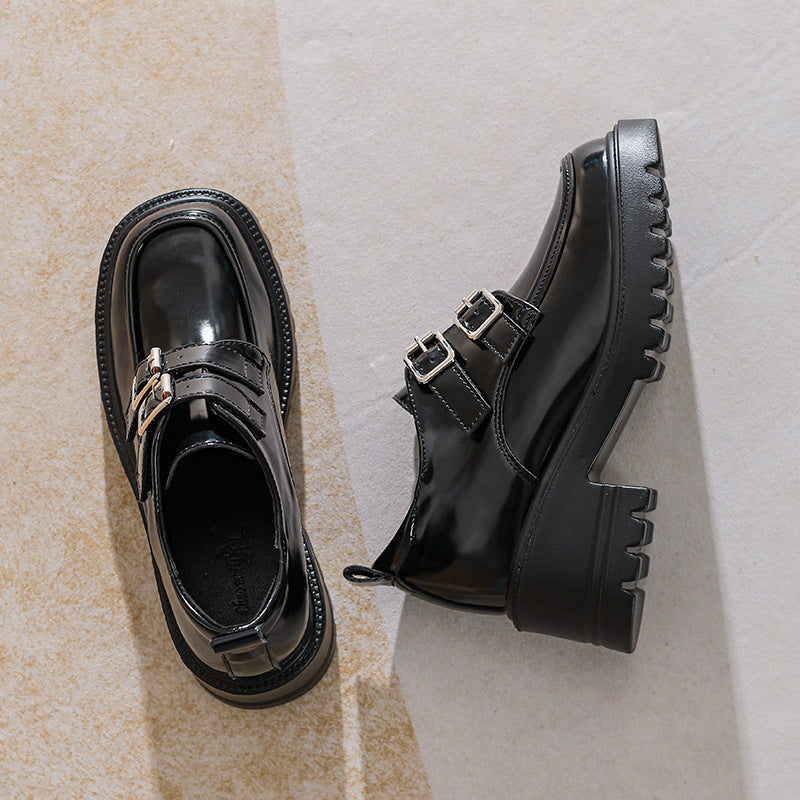 Women's Single Metal Double Buckle Glossy British Loafers