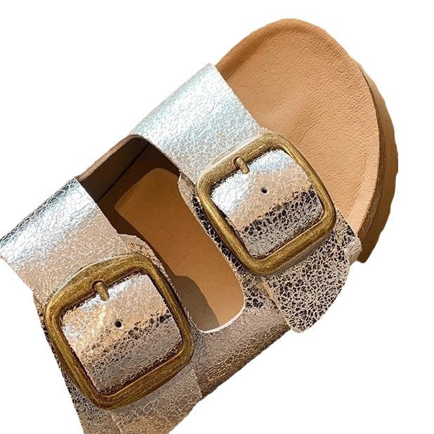Women's Double Buckle With Outer Wear Thick Bottom Increased Beach Slippers