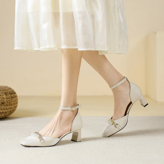 Women's Style Closed Toe Chunky Summer Pearl Square Hollow Heels