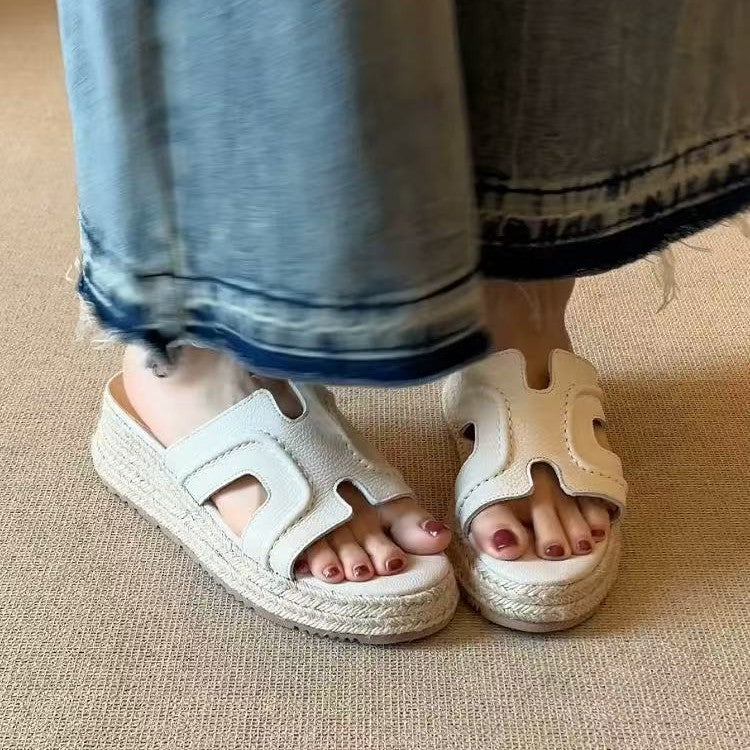 Women's Straw Woven Platform Wedge High Outer Sandals