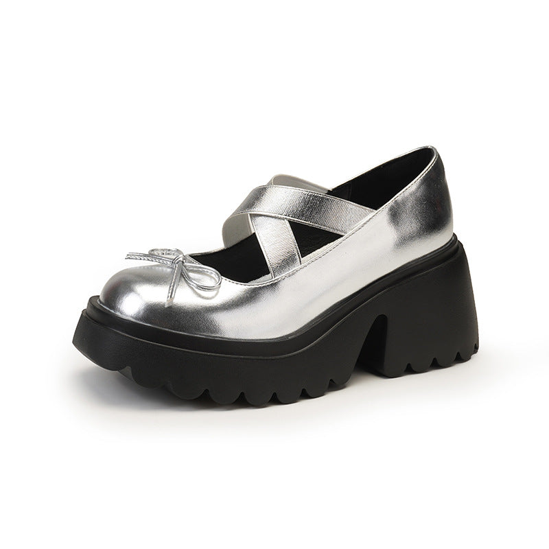 Women's Bow Round Head Fashion Thick Bottom Chunky French Loafers