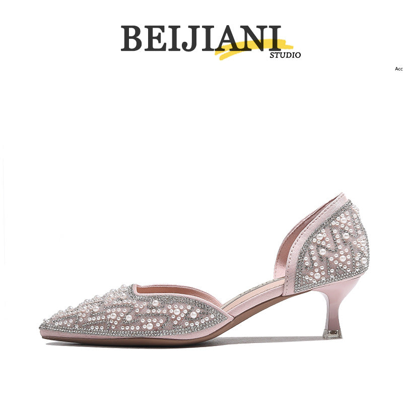 French Style Bright Crystal Pearl Wedding Bridesmaid High Pointed Toe Women's Fashion Shoes