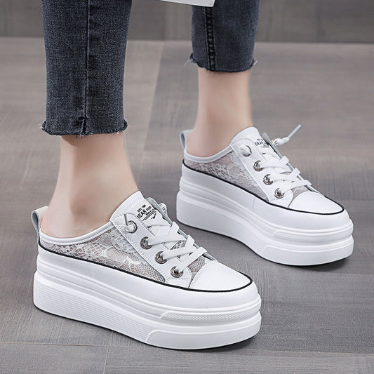 Women's Platform Muffin Lace Mesh Height Increasing Insole Slippers