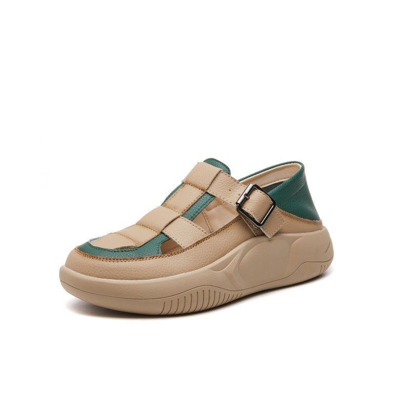 Women's Toe Summer Retro Color Matching Genuine Thick Bottom Hollow Sandals