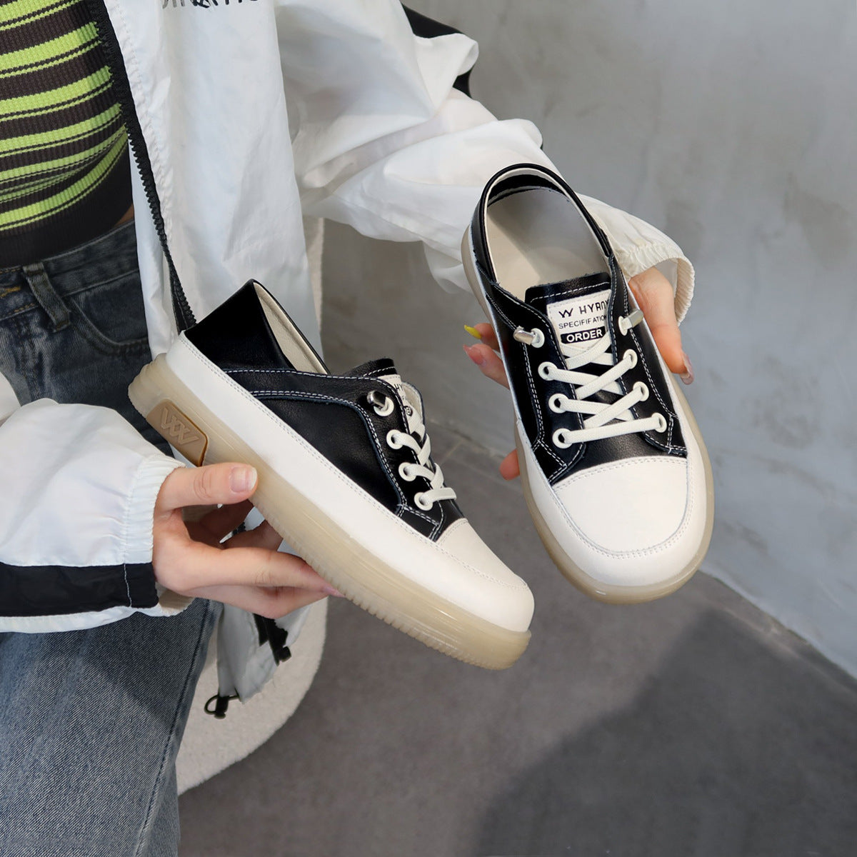 Women's Outer Box Step-on Cowhide Flat White Lazy Soft Bottom Women's Casual Shoes
