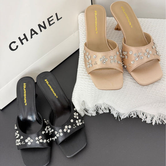 Women's Toe Outer Wear Temperament Petals Rhinestone Heels