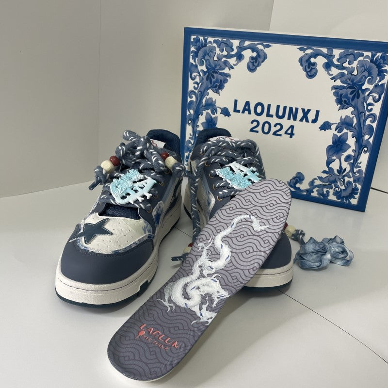Women's & Men's Style Blue White Porcelain Star Pattern Men's Shoes