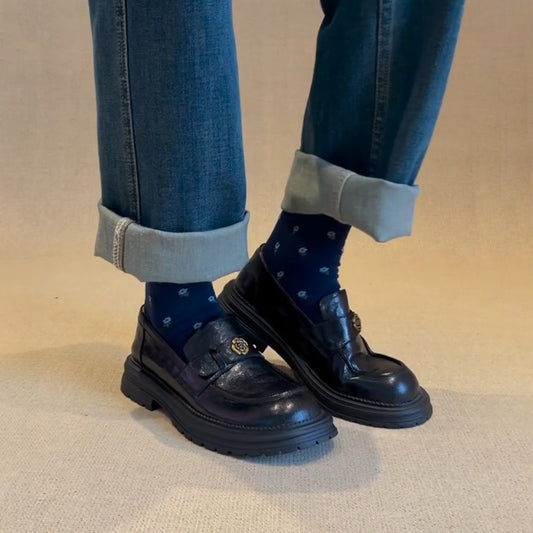 Version Retro Camellia Chunky Female Round Loafers