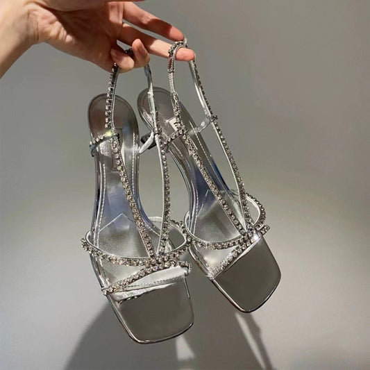Rhinestones Strap Summer Open Toe Patent Heels
