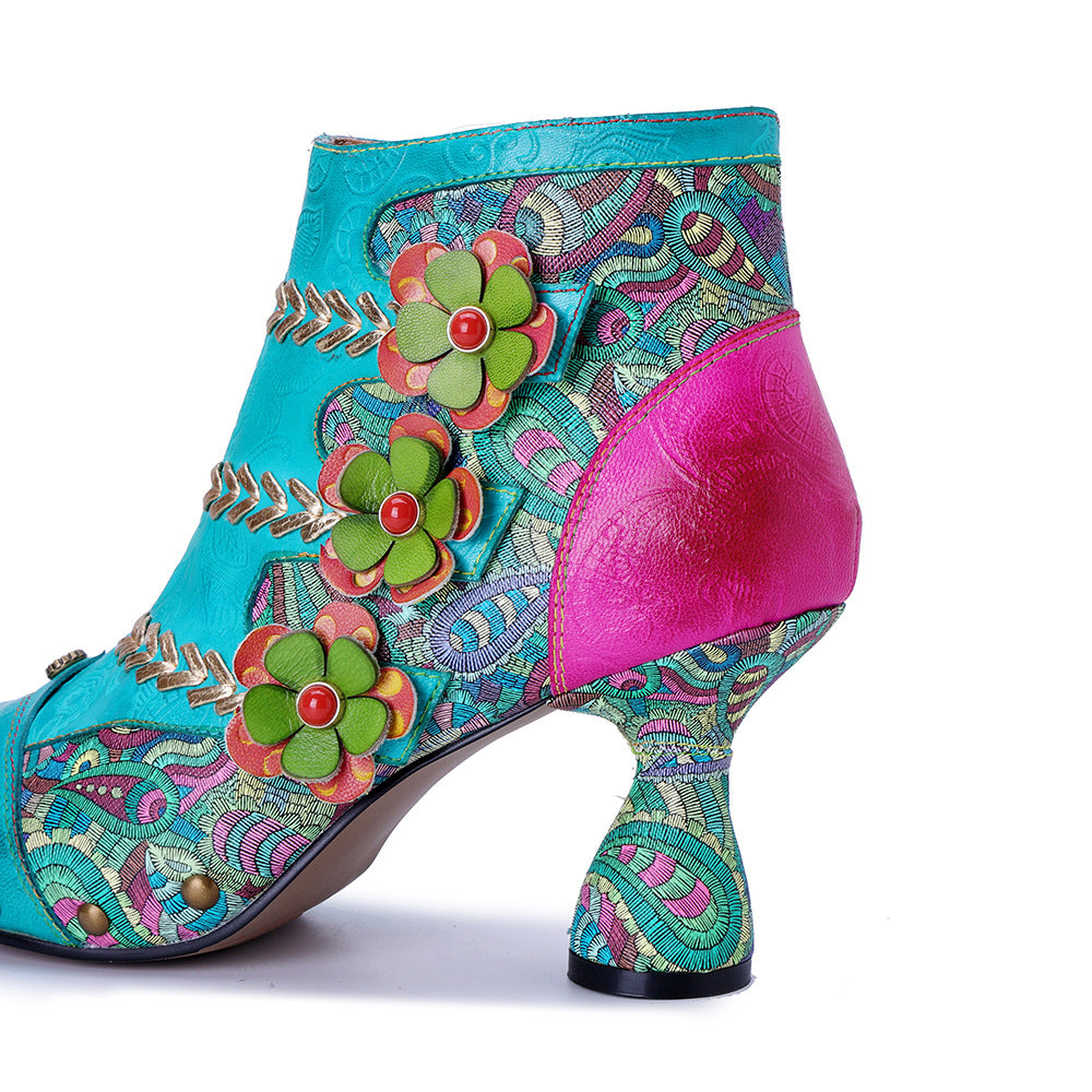 Women's Hand-rub Color Stitching Fashion Three-dimensional Flower Heels