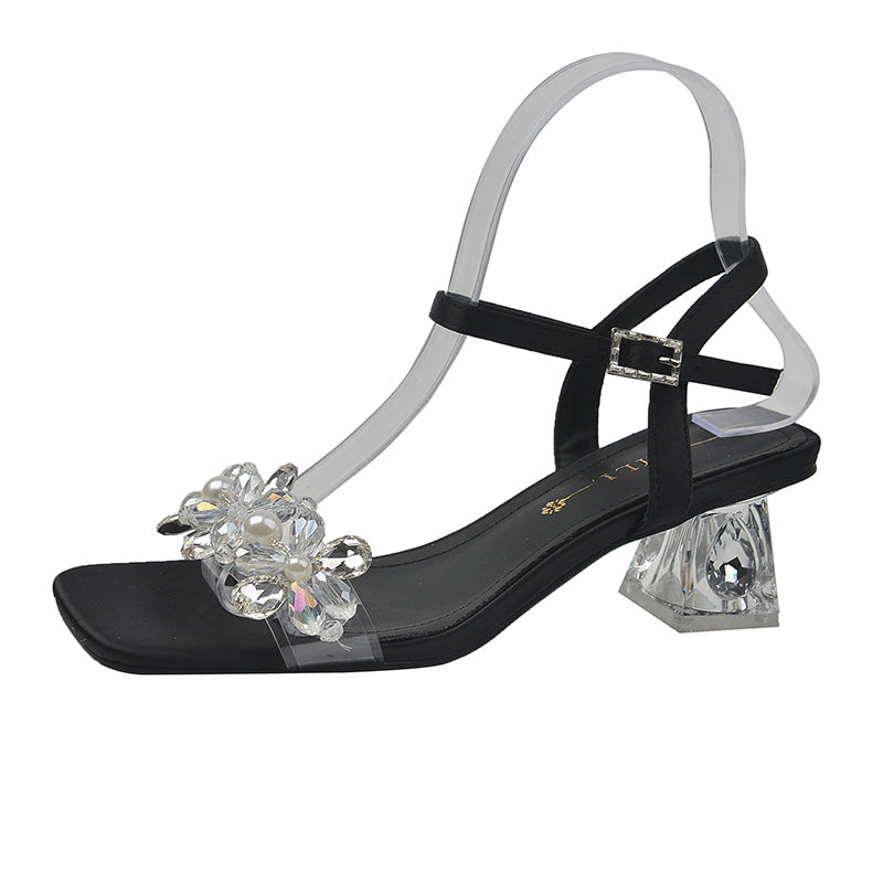 Women's Transparent High Crystal Strap Fat Wide Heels
