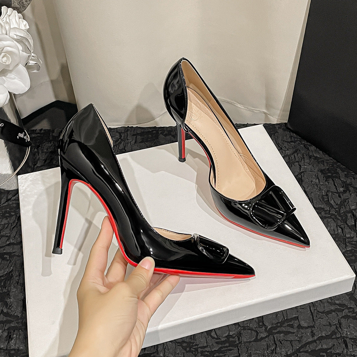 Pointed Buckle High Thin Patent V Metal Cool Women's Fashion Shoes