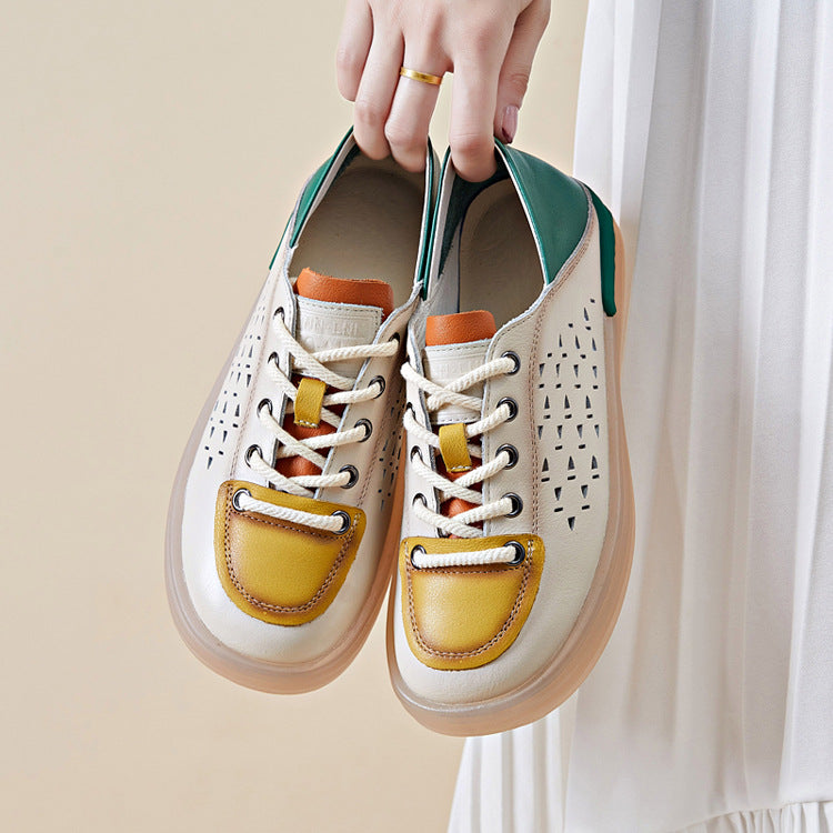 Women's Hole Top Layer Cowhide Soft Bottom Surface Flat Casual Shoes