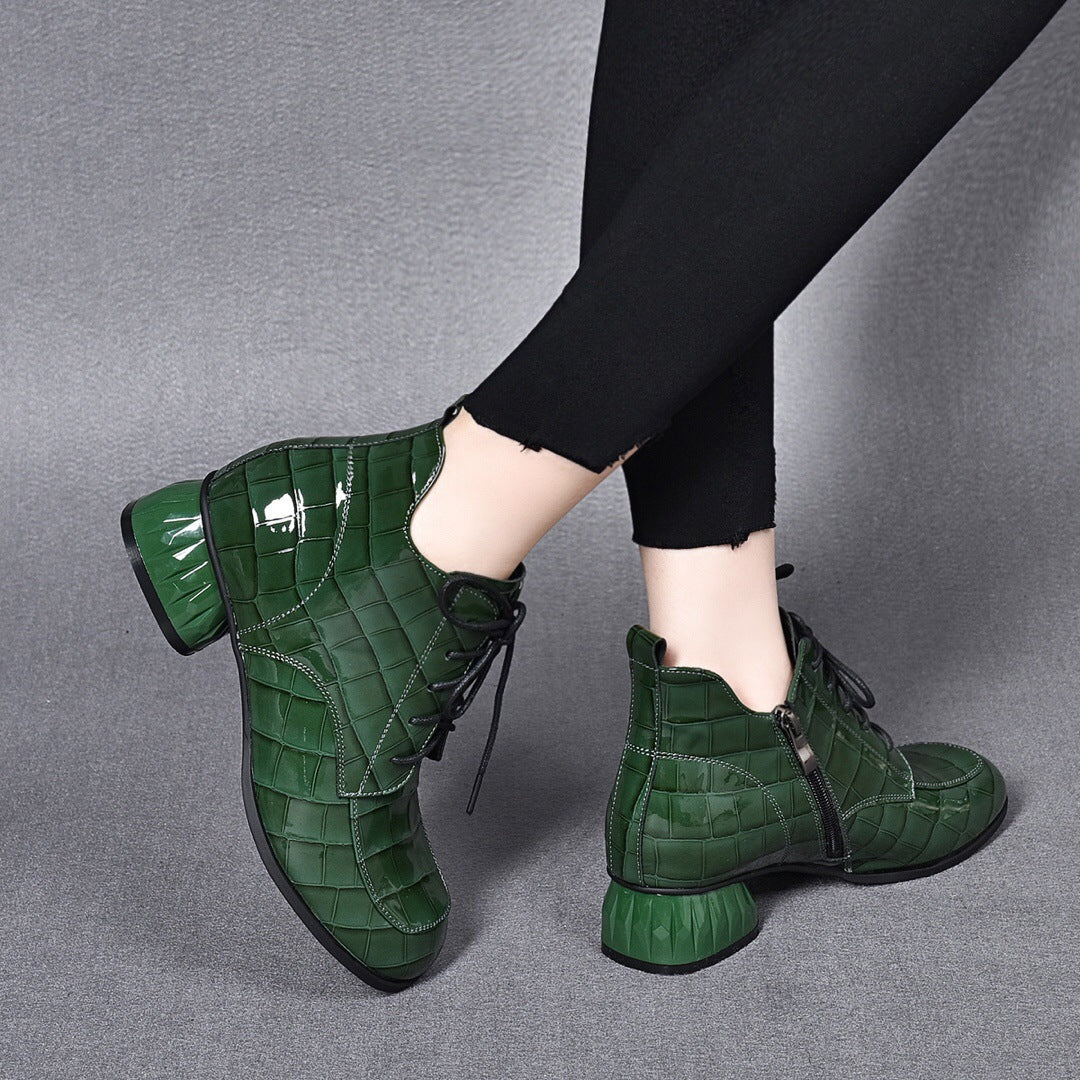 Women's Short Round Head Patent Plaid Chunky Women's Casual Shoes