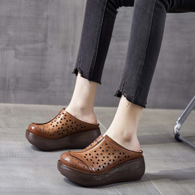 Women's Muffin Platform Closed Toe Hollow Hole Genuine Slippers