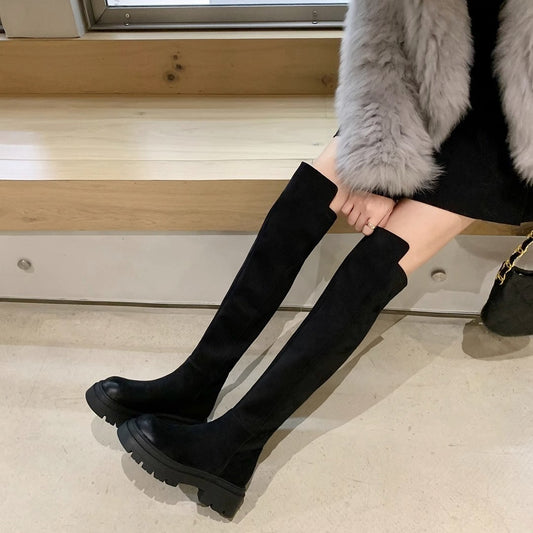 Women's Su Suede Stretch Thin Fleece-lined Platform Height Increasing Boots