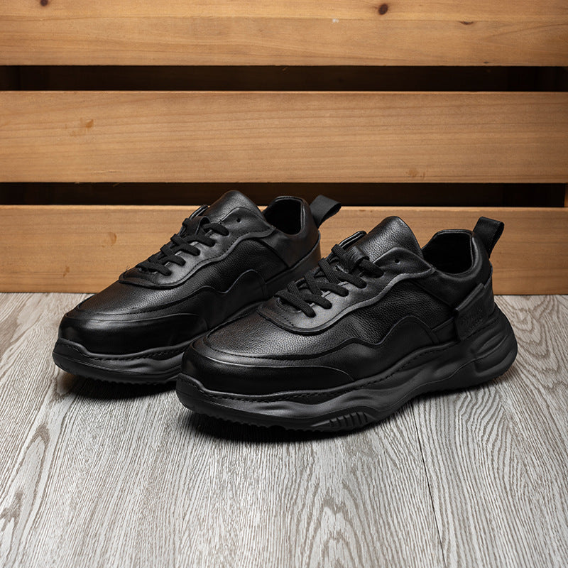 Men's Slouchy Cool Black Genuine Thick-soled Sneakers