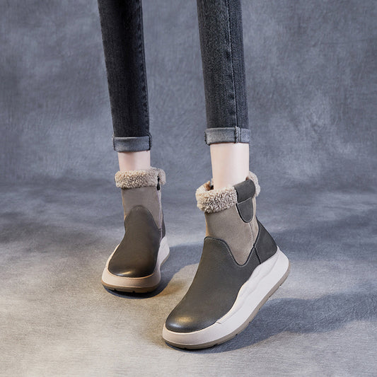 Women's Retro Color Matching First Layer Cowhide Real Snow Boots