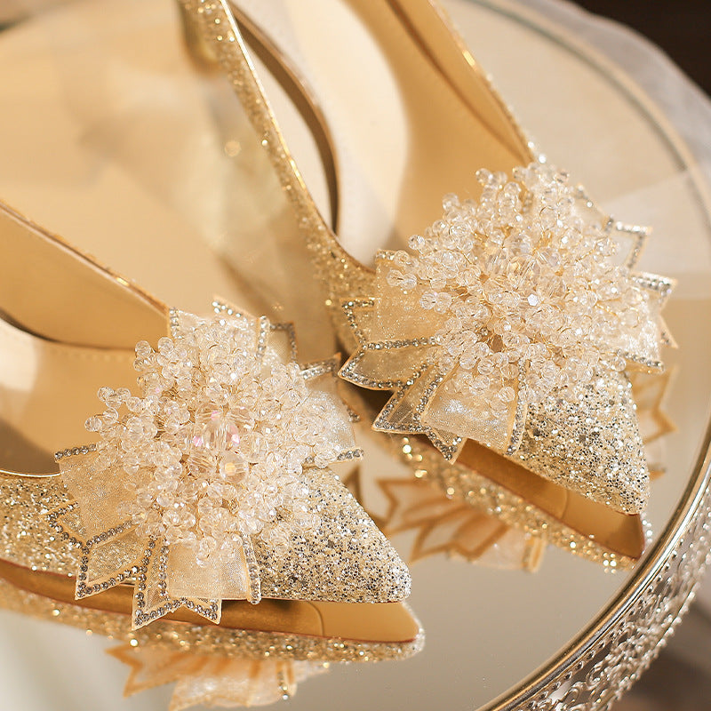 Wedding Shallow Mouth Pointed Toe Crystal Main Dress Women's Fashion Shoes