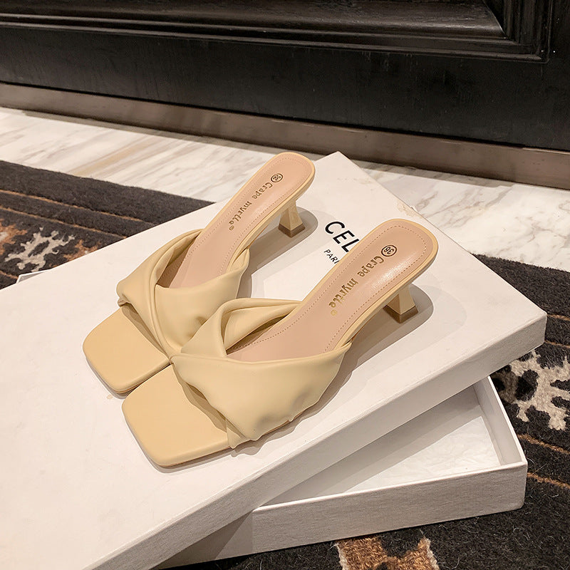 Fashion French Square Head Pleated Word Heels