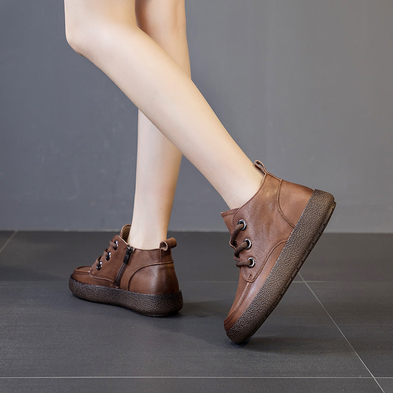 First Layer Cowhide Flat Retro Ankle Single Side Boots