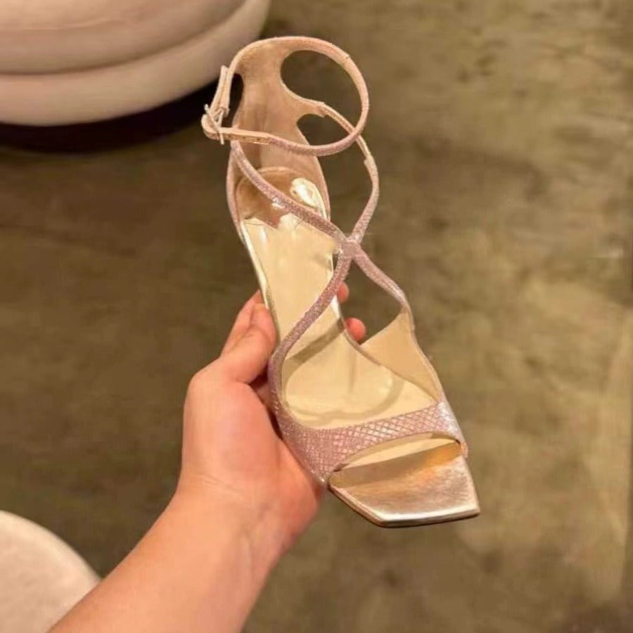 Women's Peep Toe Square Gold Sequined Buckle Summer Cross Heels