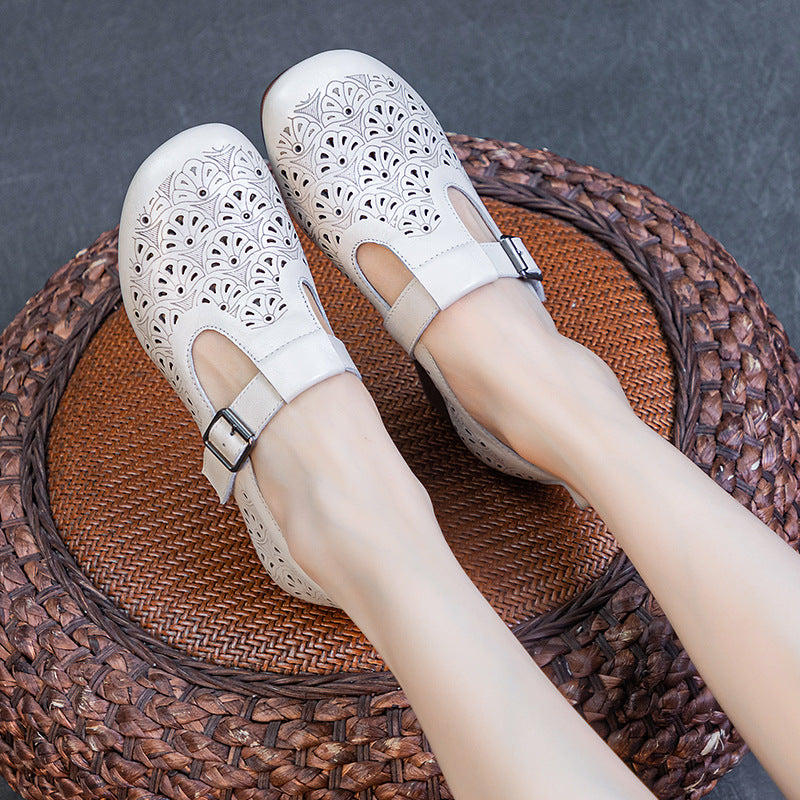 Women's Bottom First Layer Cowhide Punch-hole Round Heels