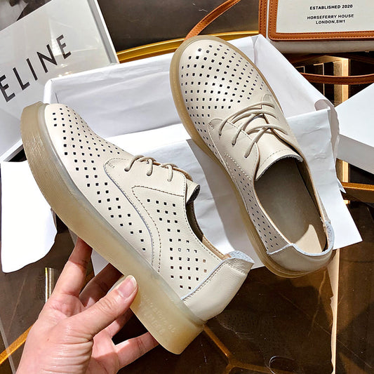 Women's Layer Cowhide Pure Hollow Hole Flat Women's Shoes