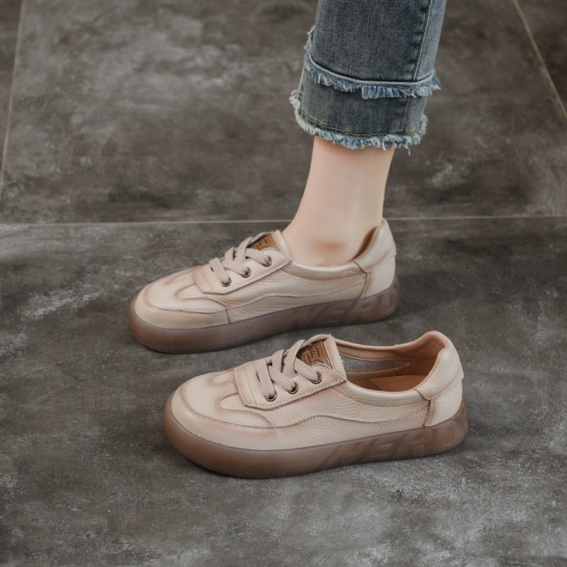 Women's Layer Cowhide Shallow Mouth Pumps Retro Casual Shoes