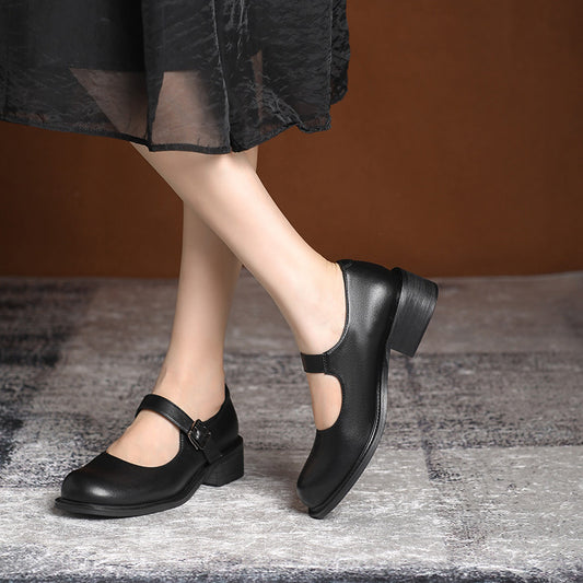 Mary Jane Round Head Buckle Low-cut Heels