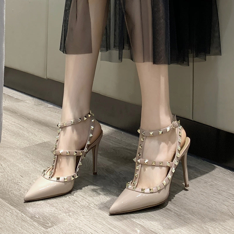 Women's High Rivet Pointed Toe Patent Stiletto Heels