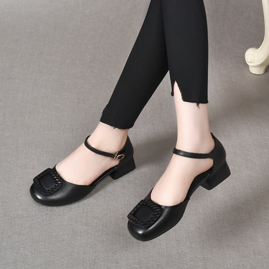 Women's Toe Summer Chunky Genuine Hollow Pumps Heels