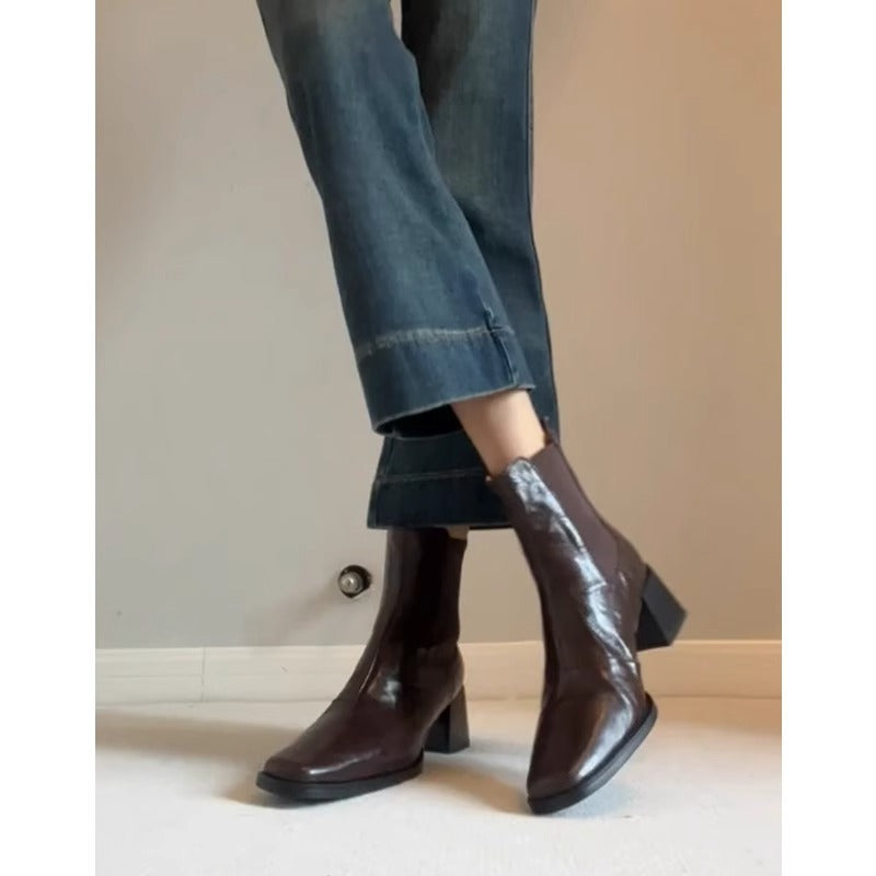 Women's Sheepskin Version Chunky Retro British Style Thick Thin Ankle Boots